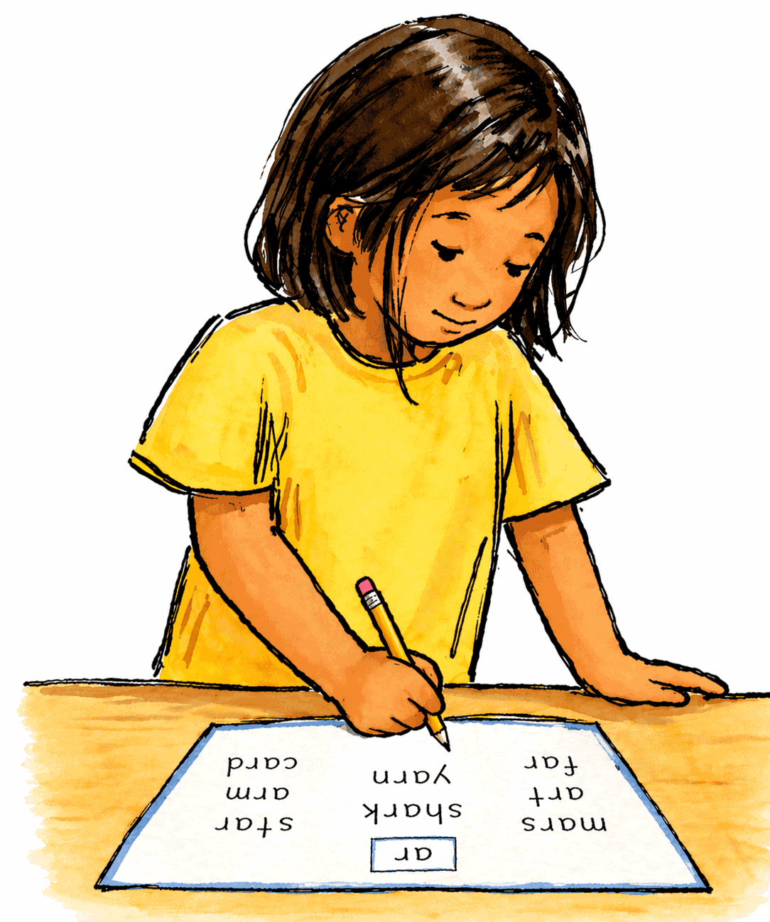 A child in a yellow shirt writes with a pencil on paper displaying printed words, including "shark," "yarn," and "star," as part of a scientific phonics reading program.