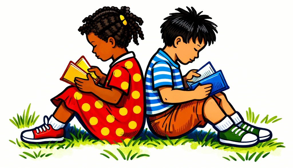 Two children sit back-to-back on the grass, each reading a book. The girl wears a red dress with yellow dots; the boy wears a blue striped shirt and brown shorts. Their quiet focus shows how books can teach anyone to read, opening up worlds of imagination and discovery.
