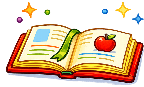 Illustration of an open book with colorful pages, a green bookmark, and an apple on one page—designed to inspire and teach anyone to read. Decorative stars and dots surround the book.