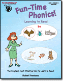 Book cover titled "Fun-Time Phonics! Learning to Read" features a woman pointing to illustrations of a bat, fly, mouse, dog, and cat, each labeled with associated phonics sounds. This engaging scene highlights the scientific phonics reading program designed to make learning fun and effective for beginning readers.