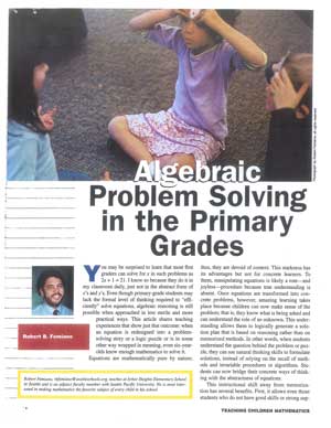 Three young children sit on the floor, one with hands on her head, engaging in a group activity. Text on the page discusses algebraic problem solving and fun math puzzles for kids in primary grades.