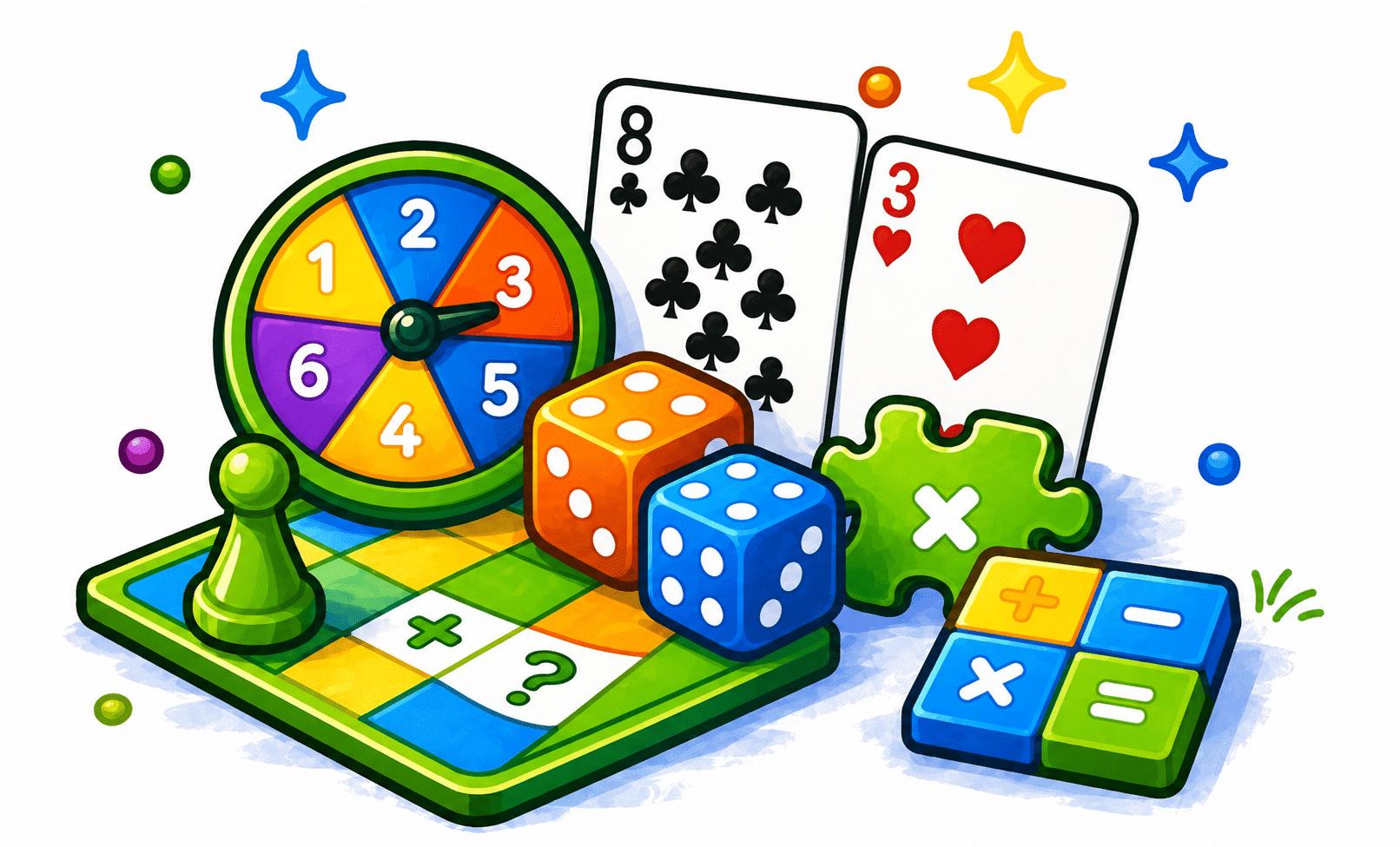 Board game pieces, a colored spinner, playing cards, two dice, puzzle pieces, and math symbols arranged together on a white background create an inviting scene perfect for math puzzles for kids.