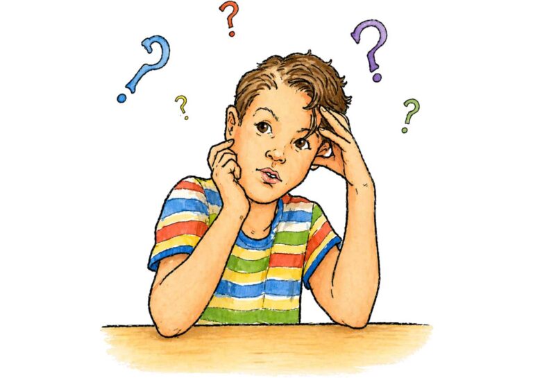 Illustration of a child in a striped shirt sitting at a table, looking thoughtful, with colorful question marks around their head—perfectly capturing the curiosity sparked by math puzzles for kids.