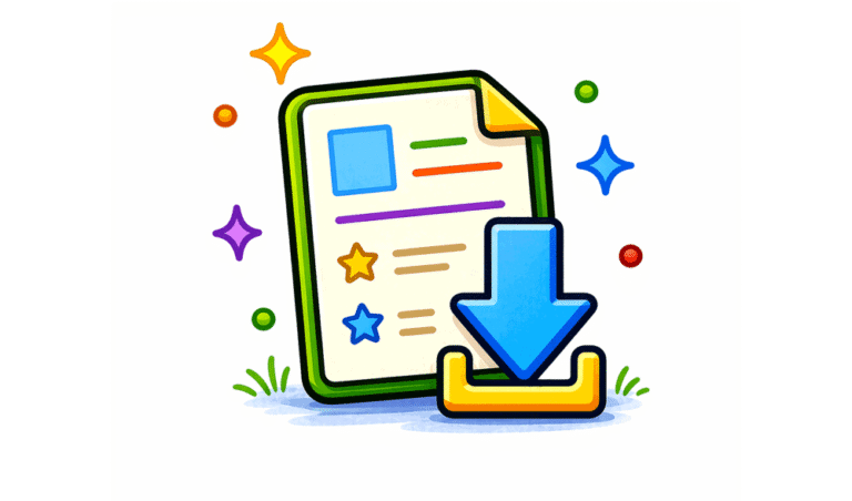 Illustration of a colorful document with a large blue download arrow in front, surrounded by stars and small colorful circles on a white background—perfect for representing Robert Femiano books and downloads.