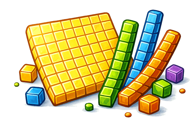 Colorful math manipulatives—including a yellow hundred block, blue, green, and orange ten rods, and various single unit cubes in blue, yellow, green, orange, and purple—make math puzzles for kids engaging and hands-on.