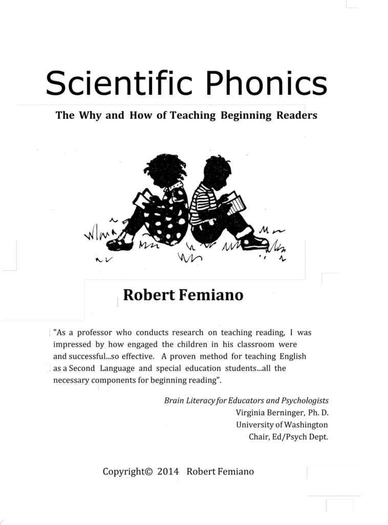 Black and white cover of "Scientific Phonics" by Robert Femiano, featuring two children sitting back-to-back reading—a visual introduction to the scientific phonics reading program—with publication details at the bottom.