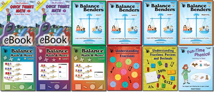 Covers of educational workbooks featuring math, logic puzzles, phonics, and eBooks arranged in a grid. Each cover shows colorful graphics and children.
